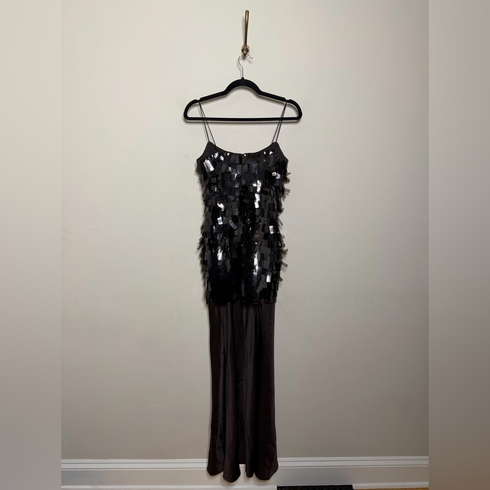 STAUD Mesa Paillette Embellished Mesh and Silk Blend Maxi Dress In Earth - Picture 10 of 10